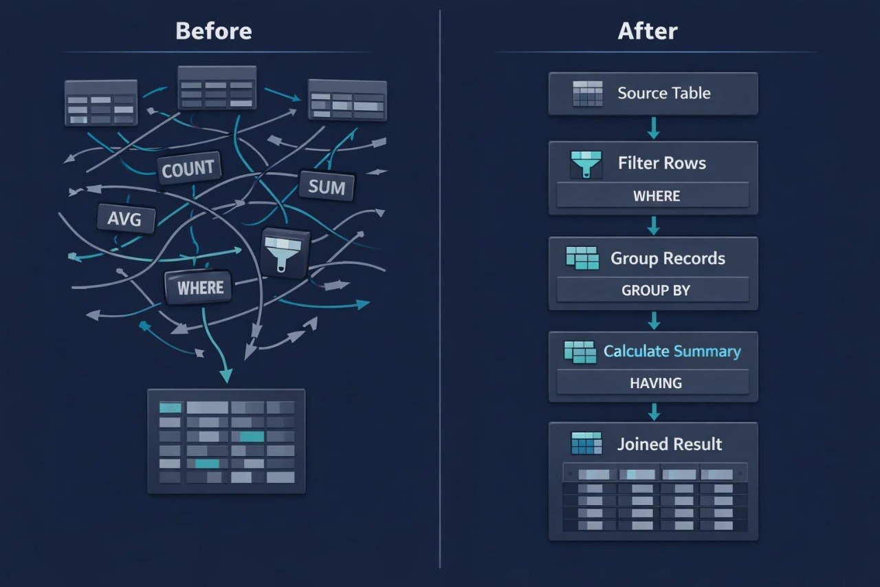 A dark navy diagram comparing a messy SQL query 'Before' state with a streamlined pipeline 'After' state. The left side shows tangled arrows and labels like COUNT, AVG, SUM, and WHERE.