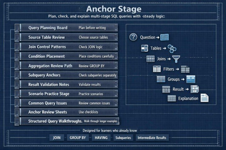 A digital graphic outlining the 'Anchor Stage' of SQL query planning, featuring a dark blue blueprint-style background with white text and diagrammatic elements showing the flow from a question to tables, joins, filters, groups, and explanation.