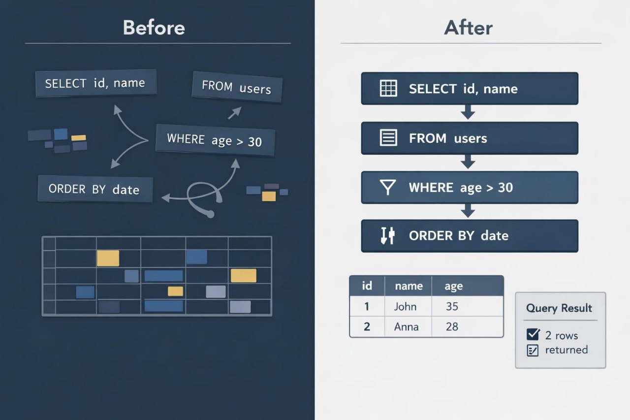 A side-by-side comparison graphic labeled 'Before' and 'After' showing a SQL query on a users table. The left side depicts a visual flow with arrows and blocks, while the right side shows simplified steps and a query result table.