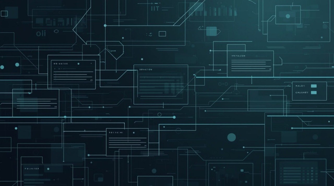 A dark teal and black digital background with abstract circuit board lines, glowing interface panels, and small circular dots, resembling a futuristic tech or software graphic.