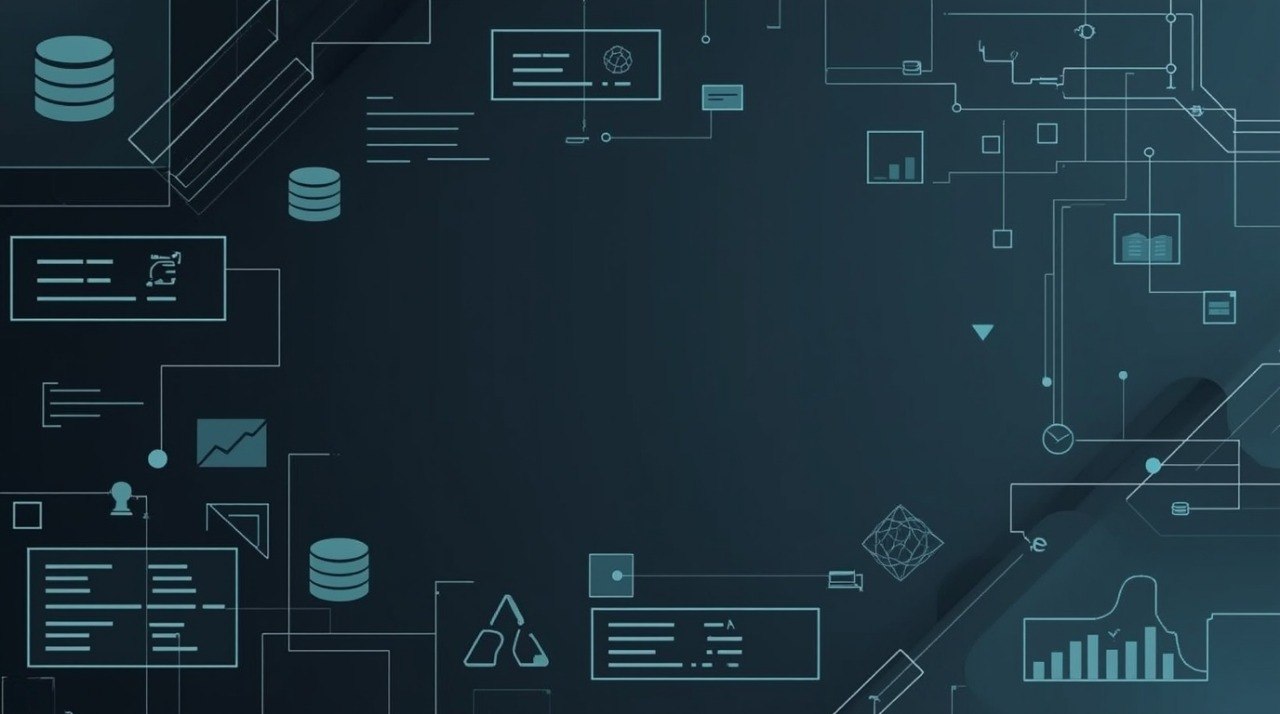 Dark blue digital background with light blue technology-themed line icons, including database cylinders, charts, and interface elements.