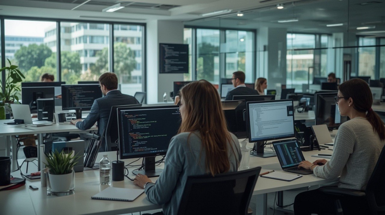 A modern office workspace with several people seated at desks facing computer monitors, with large windows and office furniture visible in the background.