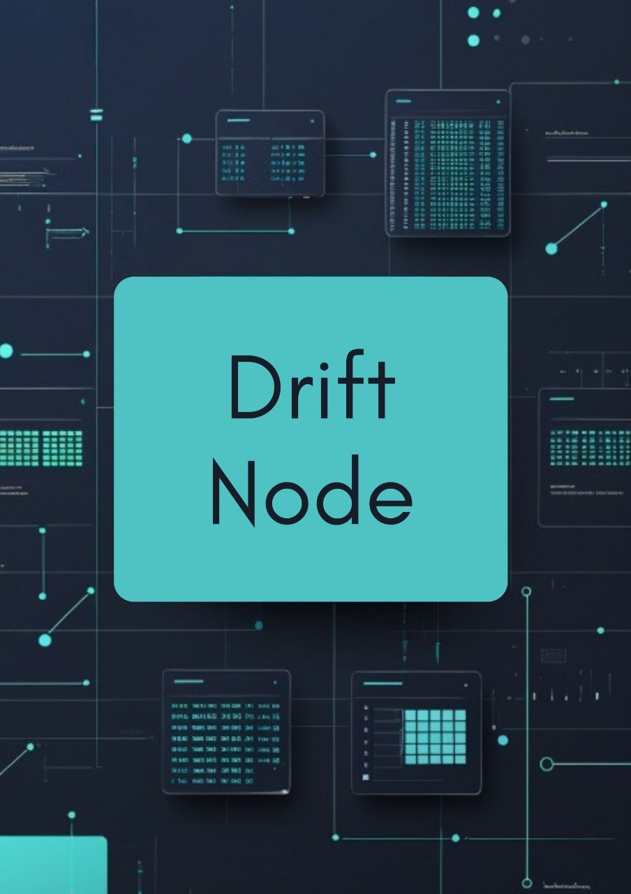A digital graphic featuring a central turquoise rounded square with the text 'Drift Node' in black, set against a dark navy background filled with abstract tech-style circuit diagrams and interface panels.
