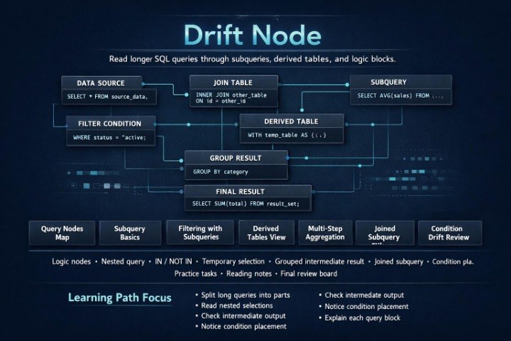 An educational flowchart titled 'Drift Node' explaining SQL query optimization, featuring dark blue and black blocks with white and light blue text on a dark navy background.