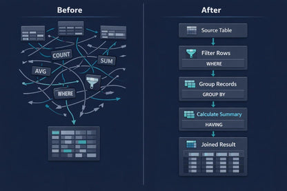 A dark navy diagram comparing a messy SQL query 'Before' state with a streamlined pipeline 'After' state. The left side shows tangled arrows and labels like COUNT, AVG, SUM, and WHERE.