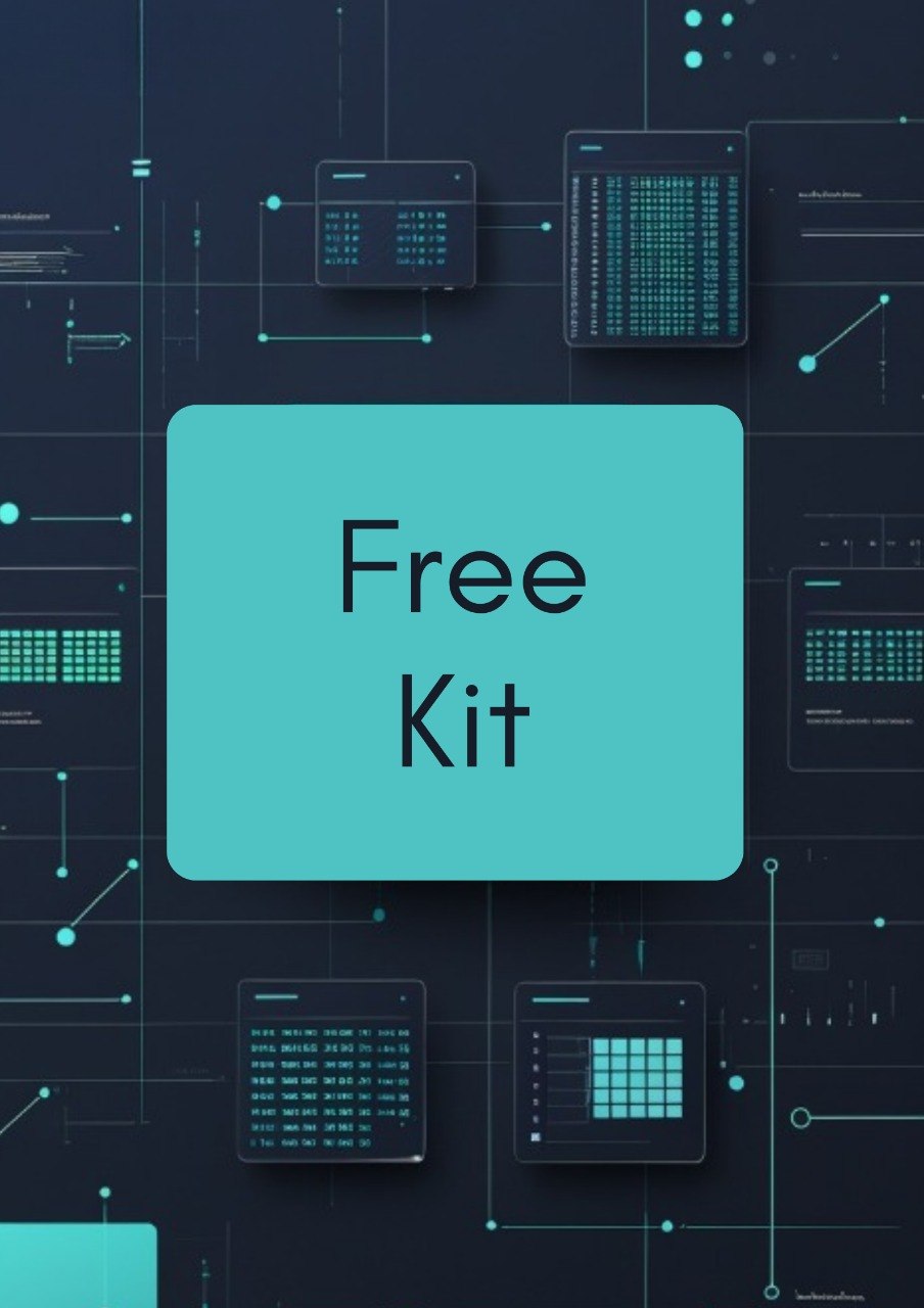 A digital graphic with a large central turquoise rounded square containing the words 'Free Kit' in black, set against a dark navy background filled with faint tech-style interface panels and lines.
