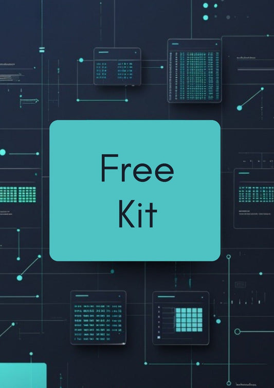A digital graphic with a large central turquoise rounded square containing the words 'Free Kit' in black, set against a dark navy background filled with faint tech-style interface panels and lines.