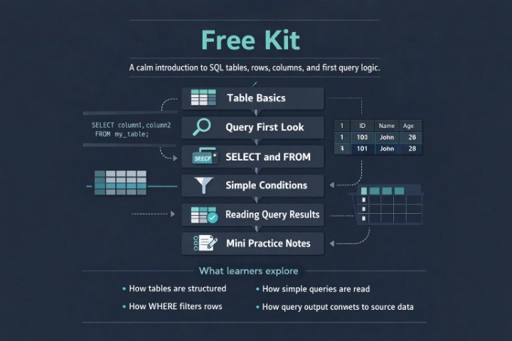 An infographic-style cover for a digital or physical SQL learning kit titled 'Free Kit' on a dark blue background. It outlines modules such as Table Basics, Query First Look, SELECT and FROM, Simple Conditions, Reading Query Results, and Mini Practice Notes, with small icons and a brief section on what learners will explore.