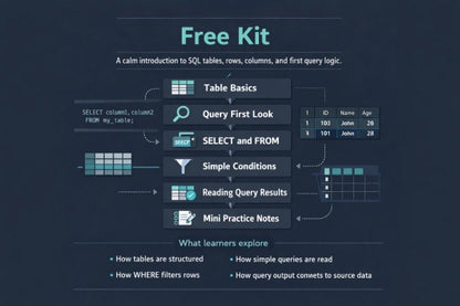 An infographic-style cover for a digital or physical SQL learning kit titled 'Free Kit' on a dark blue background. It outlines modules such as Table Basics, Query First Look, SELECT and FROM, Simple Conditions, Reading Query Results, and Mini Practice Notes, with small icons and a brief section on what learners will explore.
