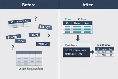 A digital infographic comparing a 'Before' state of a disorganized database query with an 'After' state showing a structured table, columns, rows, and a result view.