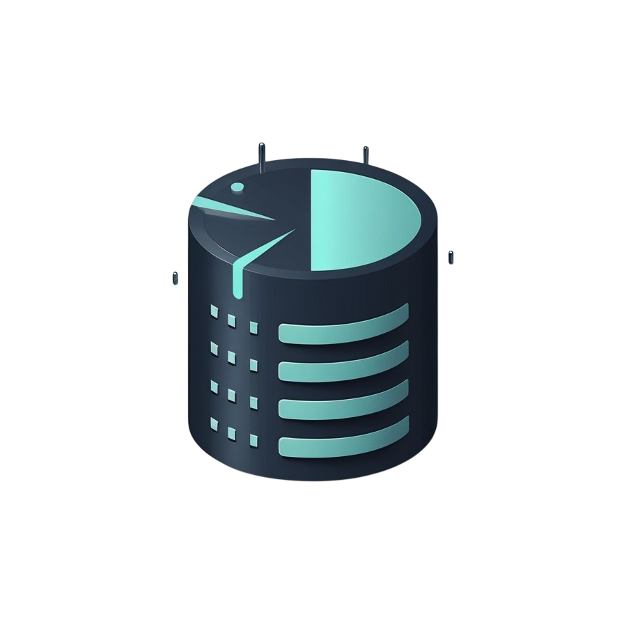 A stylized isometric vector illustration of a dark gray cylindrical server rack or database tower with teal-colored interface panels and small connector ports, isolated on a white background.