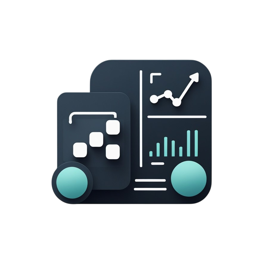 A stylized digital icon showing overlapping dark rounded rectangles with charts, graphs, and teal circular elements on a light gray background.
