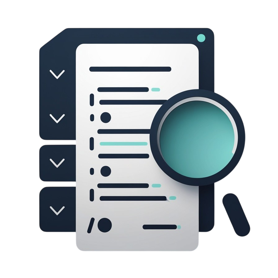 A flat vector-style illustration of a document or checklist with a magnifying glass over it, shown on a plain white background.