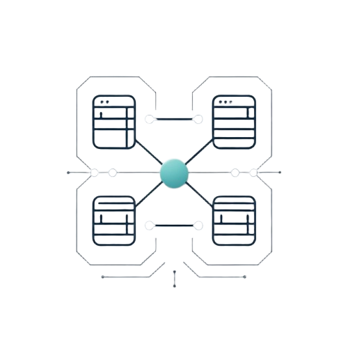 A minimalist digital vector illustration showing a central teal sphere connected to four rectangular device icons arranged in a cross pattern, on a solid white background.