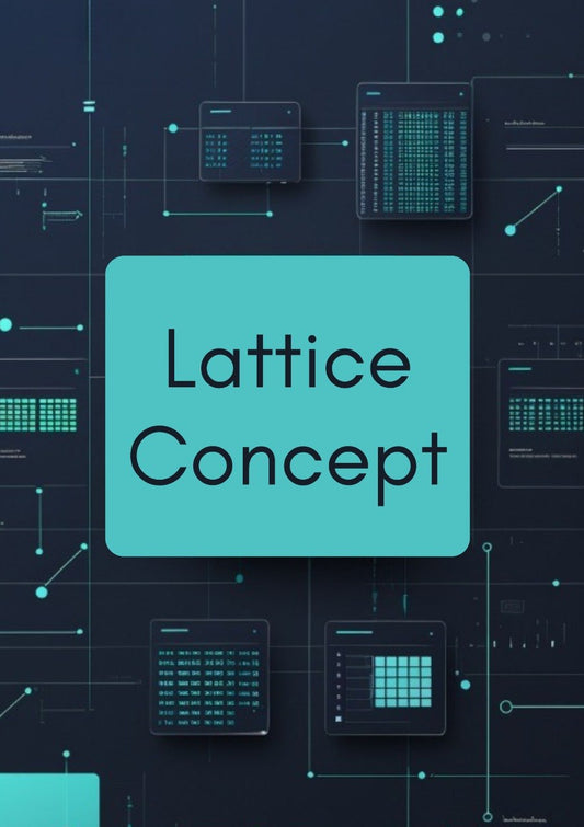 A digital graphic with a central turquoise rounded rectangle containing the words 'Lattice Concept' in black, set against a dark navy background filled with abstract lattice-like grid diagrams and lines.
