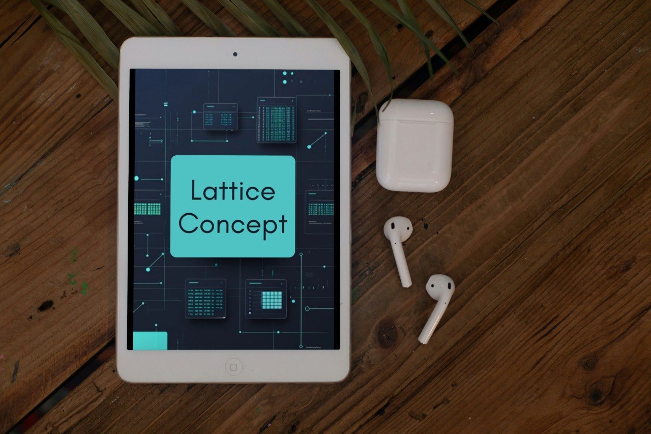 A white tablet lying on a wooden surface, displaying a digital graphic with the words 'Lattice Concept' in a turquoise box. To the right of the tablet are white wireless earbuds and their charging case.