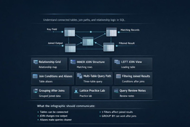 A dark navy blue infographic diagram titled 'Understand connected tables, join paths, and relationship logic in SQL' showing SQL join concepts with labeled boxes such as Key Field, Matching Records, Joined Output, Filtered Result, Relationship Grid, Inner Join Structure, Left Join View, Multi-Table Query Path, Filtering Joined Results, Grouping After Joins, Lattice Practice Lab, and Query Review Notes.