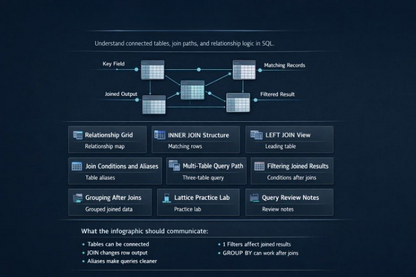 A dark navy blue infographic diagram titled 'Understand connected tables, join paths, and relationship logic in SQL' showing SQL join concepts with labeled boxes such as Key Field, Matching Records, Joined Output, Filtered Result, Relationship Grid, Inner Join Structure, Left Join View, Multi-Table Query Path, Filtering Joined Results, Grouping After Joins, Lattice Practice Lab, and Query Review Notes.