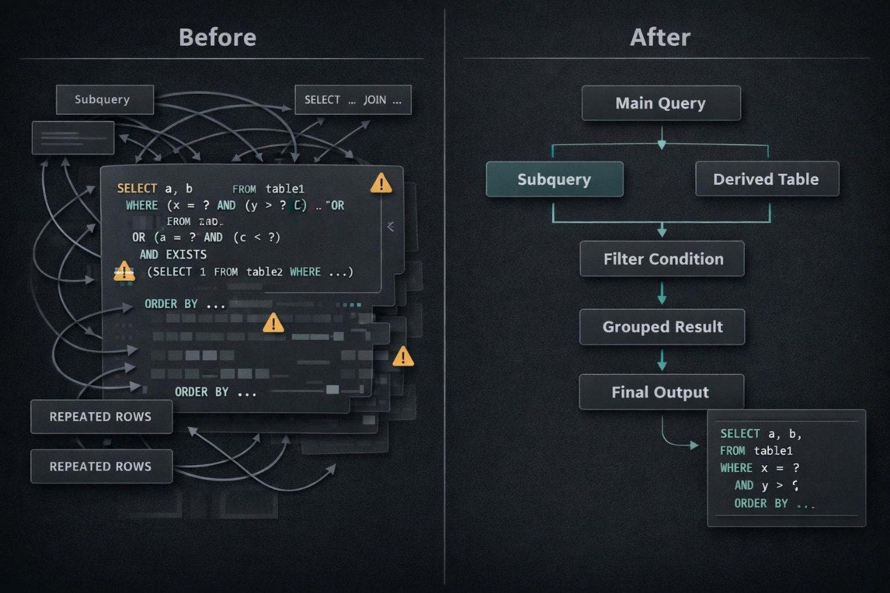 A dark digital diagram comparing SQL query flow, with the left side labeled 'Before' showing tangled subqueries and repeated rows, and the right side labeled 'After' showing a streamlined main query, derived table, filter condition, grouped result, and final output.