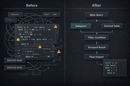 A dark digital diagram comparing SQL query flow, with the left side labeled 'Before' showing tangled subqueries and repeated rows, and the right side labeled 'After' showing a streamlined main query, derived table, filter condition, grouped result, and final output.