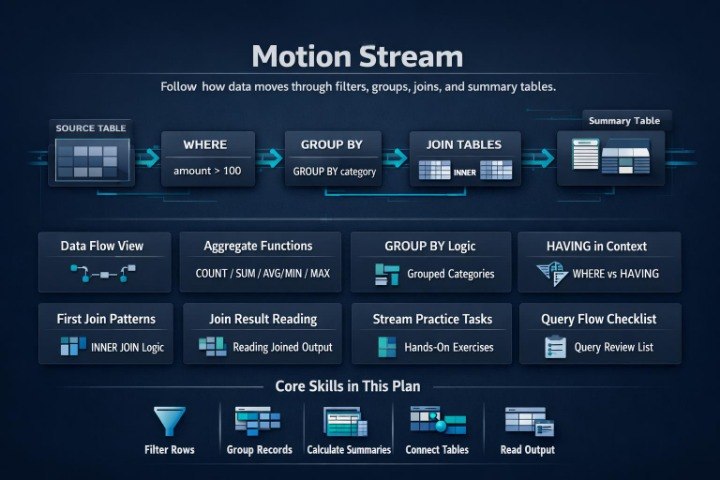 An infographic titled 'Motion Stream' on a dark blue background, showing a data flow process from source table to summary table with icons and text blocks about SQL concepts like WHERE, GROUP BY, JOIN TABLES, aggregate functions, and core skills.