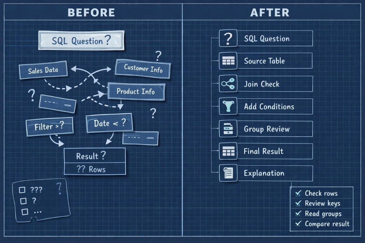 A blue blueprint-style comparison graphic titled BEFORE and AFTER, showing a SQL question flow on the left and a checklist of steps on the right.