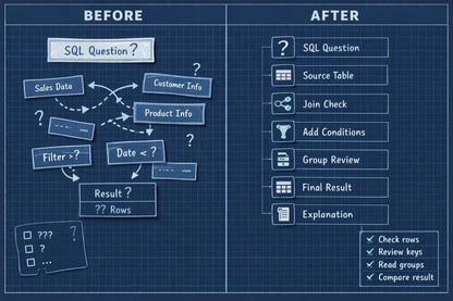 A blue blueprint-style comparison graphic titled BEFORE and AFTER, showing a SQL question flow on the left and a checklist of steps on the right.