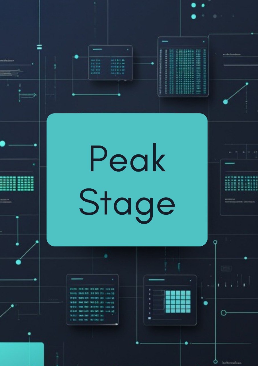 A digital graphic with a central turquoise rounded rectangle containing the words 'Peak Stage' in black sans-serif text, set against a dark navy background with circuit-like lines and small interface panels.
