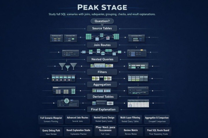 A dark navy informational graphic titled 'PEAK STAGE' with a flowchart of SQL query stages, including Question, Source Tables, Join Routes, Nested Queries, Filters, Aggregation, Derived Tables, and Final Explanation, plus small UI-style database icons and labels.