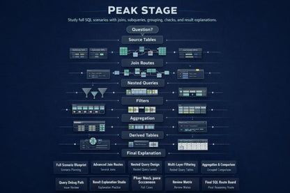 A dark navy informational graphic titled 'PEAK STAGE' with a flowchart of SQL query stages, including Question, Source Tables, Join Routes, Nested Queries, Filters, Aggregation, Derived Tables, and Final Explanation, plus small UI-style database icons and labels.