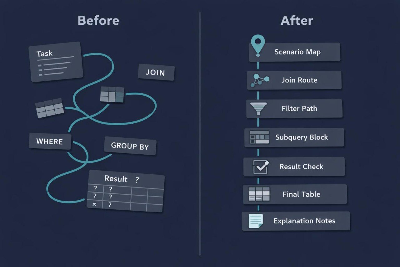 A dark navy diagram comparing a 'Before' SQL query structure on the left with an 'After' workflow on the right, featuring labeled blocks such as Task, JOIN, WHERE, GROUP BY, Scenario Map, Join Route, Filter Path, Subquery Block, Result Check, Final Table, and Explanation Notes.