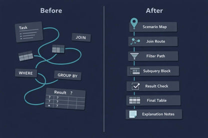 A dark navy diagram comparing a 'Before' SQL query structure on the left with an 'After' workflow on the right, featuring labeled blocks such as Task, JOIN, WHERE, GROUP BY, Scenario Map, Join Route, Filter Path, Subquery Block, Result Check, Final Table, and Explanation Notes.