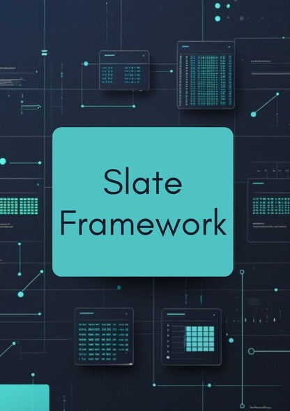 A digital graphic featuring a central turquoise rounded square with the text 'Slate Framework' in black, set against a dark navy background with abstract circuit board and interface diagram elements.