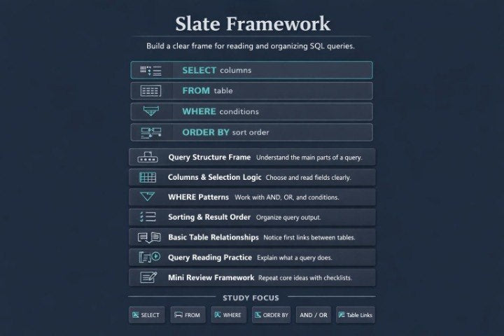 A screenshot of a digital study guide titled 'Slate Framework' outlining key SQL query concepts such as SELECT, FROM, WHERE, and ORDER BY, displayed on a dark slate blue background.