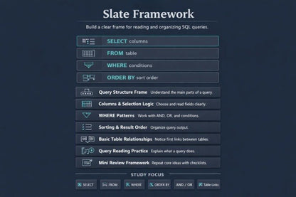 A screenshot of a digital study guide titled 'Slate Framework' outlining key SQL query concepts such as SELECT, FROM, WHERE, and ORDER BY, displayed on a dark slate blue background.