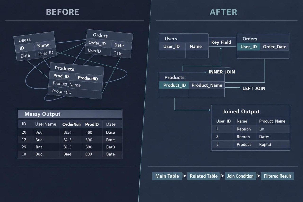 A dark blue digital diagram comparing SQL join concepts, labeled BEFORE and AFTER, with tables, join diagrams, and example output boxes.