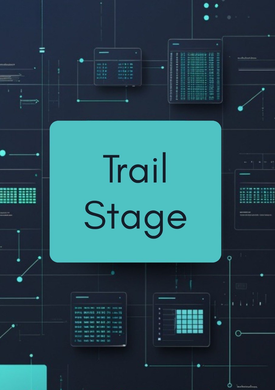 A digital graphic with a large turquoise rounded rectangle in the center containing the words 'Trail Stage' in black sans-serif text, set against a dark navy background with circuit board lines and small interface panels.