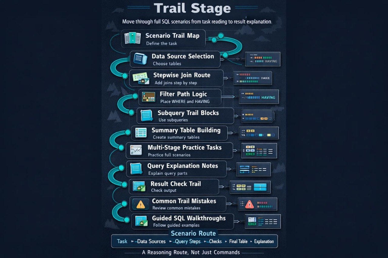 A dark-themed infographic titled 'Trail Stage' showing a vertical flowchart of SQL learning stages with icons, text labels, and connecting teal arrows on a black background.