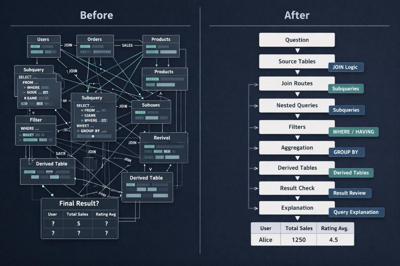 A dark navy informational graphic comparing a complex SQL query workflow labeled 'Before' on the left with a streamlined workflow labeled 'After' on the right, using white boxes, gray lines, and teal highlighted keywords.