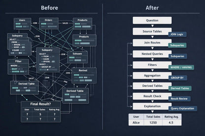 A dark navy informational graphic comparing a complex SQL query workflow labeled 'Before' on the left with a streamlined workflow labeled 'After' on the right, using white boxes, gray lines, and teal highlighted keywords.