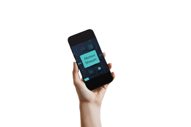 A hand holding a black smartphone against a solid white background. The phone screen displays a dark-themed digital interface with a light blue-green box labeled 'Motion Stream'.