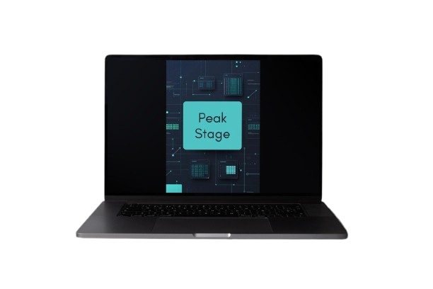 A dark gray laptop shown open against a plain white background, with its screen on and displaying a teal and black graphic that reads 'Peak Stage'.